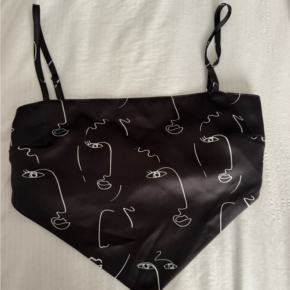 black satin face printed tank top with tie back